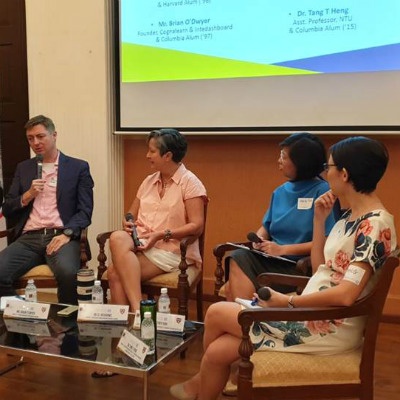 Dr John Fong, CEO & Head of Campus (Singapore) at SP Jain with panellists - Ms. Rebecca Woo Dwan, Vice President of Harvard University Association of Alumni in Singapore; Mr Brian O'Dwyer, Columbia University Alum; Dr CJ Meadows, Harvard Alum & Director, i2i at SP Jain; Dr Wendy Goh, Columbia University Alum; and Dr Tang T Heng, Columbia University Alum