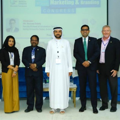Dr. Shahzia Khan, Program Director - BBA and Associate Professor at School of Business - Manipal Academy of Higher Education - Dubai Campus; Prof. Christopher Abraham, Professor and Head of Campus (Dubai), SP Jain School of Global Management; Dr. Rashid Alleem - Founder & Executive Chairman, Alleem Investment; Mr. Raunaq Dubey, Faculty & Head of Incubation Centre - Amity University Dubai; Mr. Gary Smith, Assistant Professor - Amity University Dubai at the 10th Annual Marketing & Branding Congress