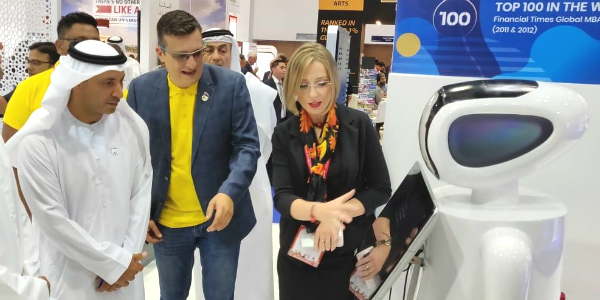 Dr Abdulla Al Karam, Chairman of the Board of Directors and Director General of the Knowledge and Human Development Authority (KHDA) with Mr Marko Selaković, Director – Institutional Development & Student Recruitment, and Dr Anna Tarabasz, Assistant Professor, SP Jain School of Global Management – Dubai Campus at our stall at GETEX 2019