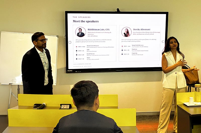  Riddhiman Jain and Devika Khemani, from Waterfield Advisors, hold a session for MFWM students at SP Jain's Mumbai campus