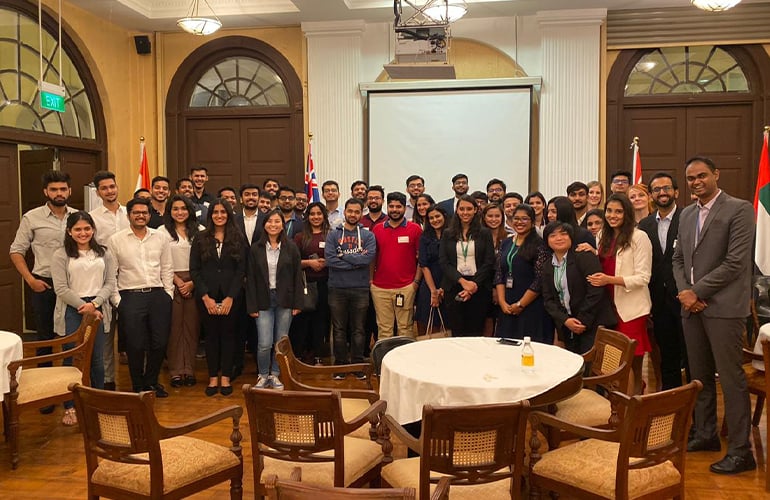 SP Jain alumni with our MGB and GMBA September 2019 cohort and the current MGB students interning in Singapore