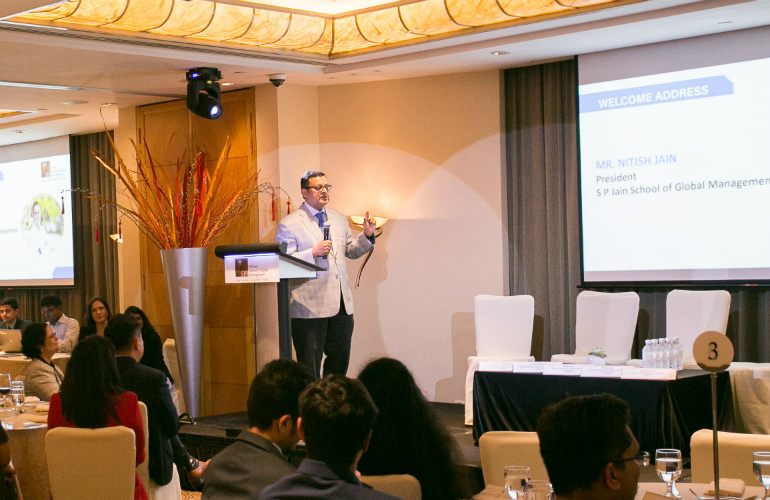 Nitish Jain (President, SP Jain) addresses the guests at Corporate Partner Meet 2020 in Singapore