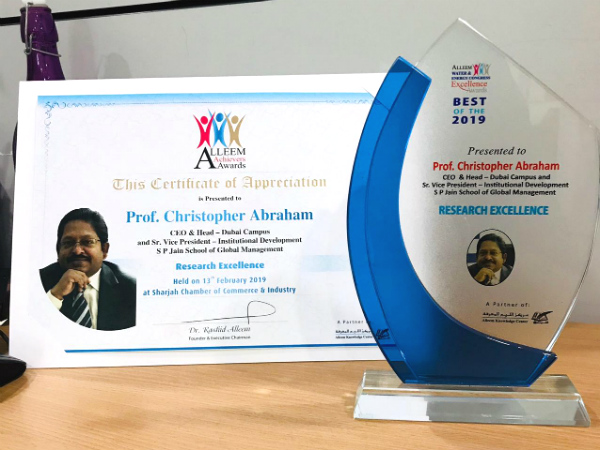 Prof. Christopher Abraham, Professor and Head of Campus (Dubai) at SP Jain, honoured with the Alleem Achievement Award 2019 for “Research Excellence”